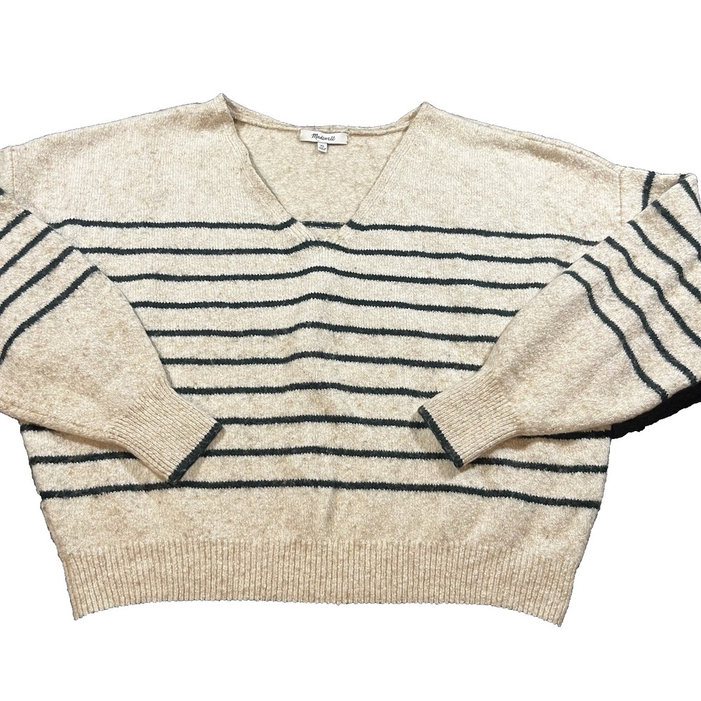 Madewell Wedged V-neck Sweater cotton wool blend striped XL cream green